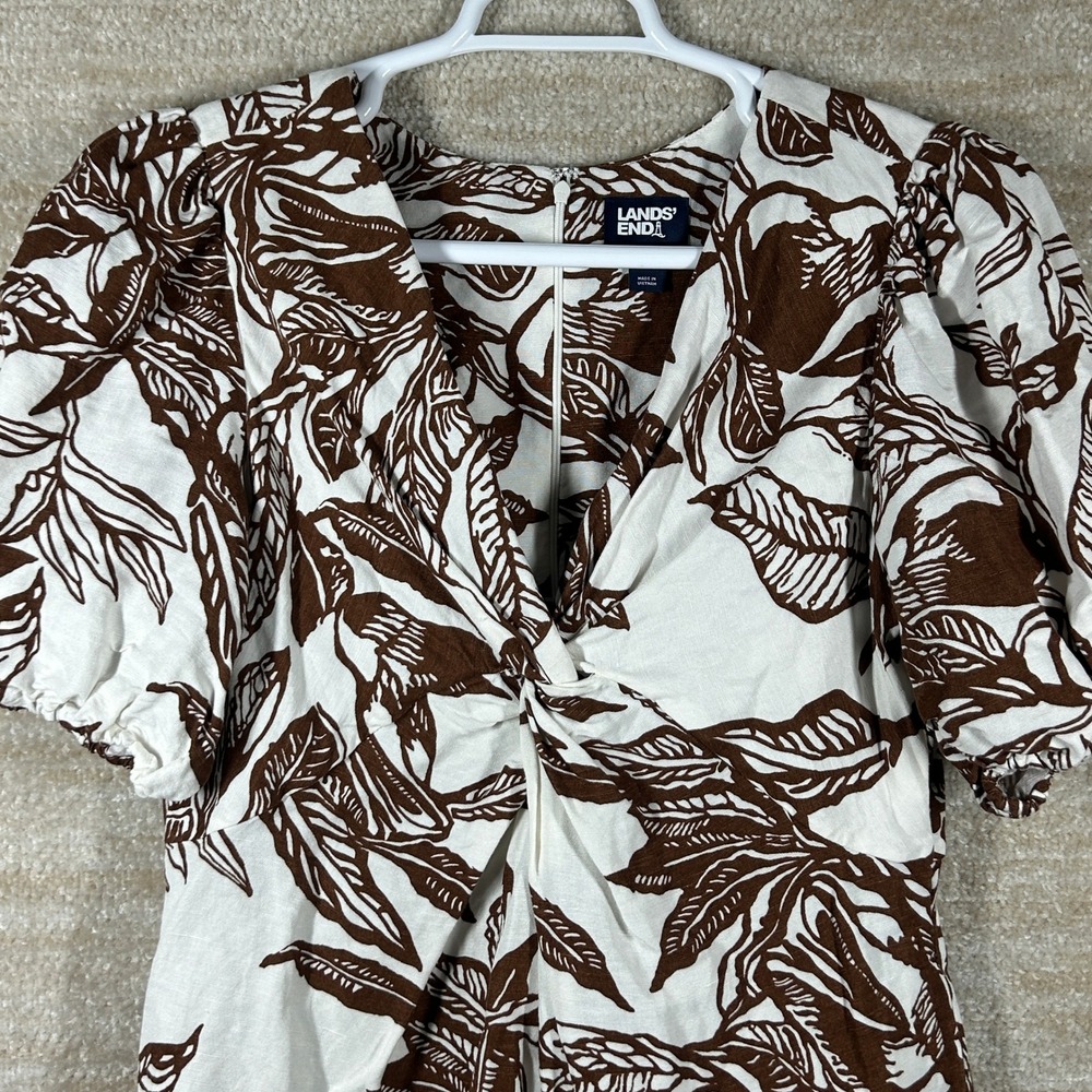 Lands End Linen Romper Cottagecore Brown White Tropical Leaf Print 12P Women